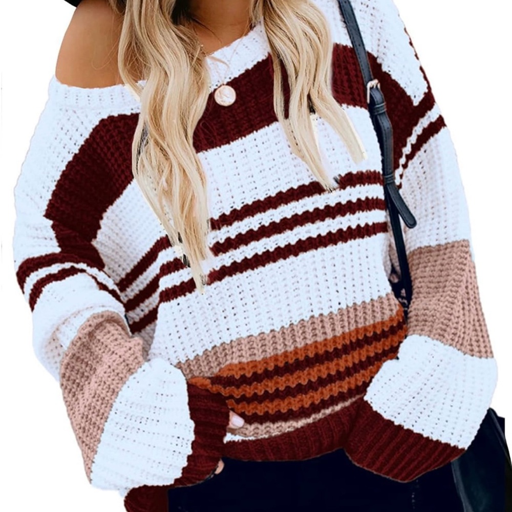 Striped Oversized Sweater Womens S Burgundy White Chunky Knit Boho Slouchy‎